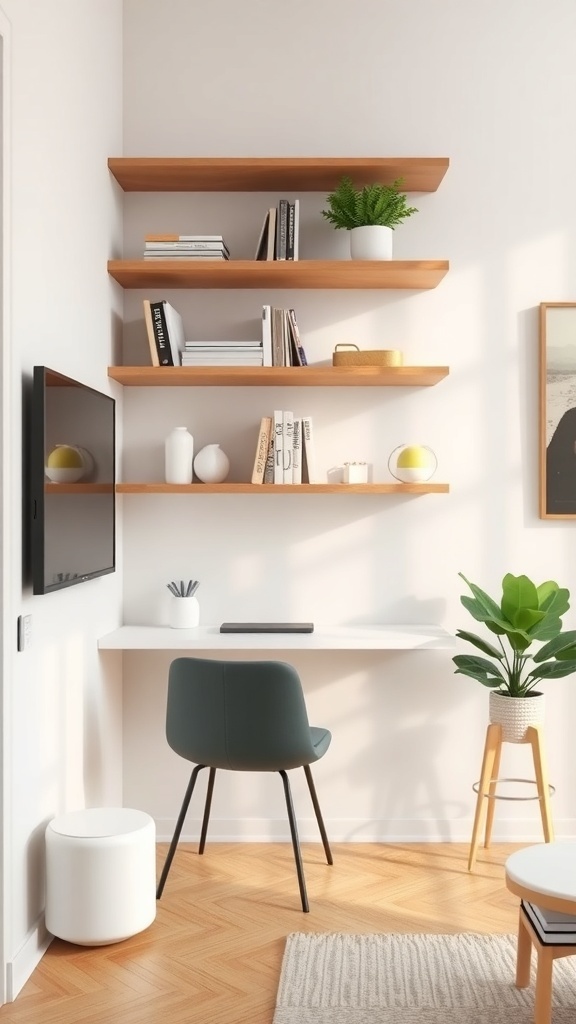 A small apartment workspace featuring a wall-mounted desk, floating shelves with books and plants, and minimalist furniture.