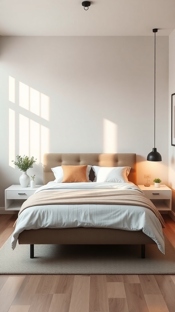 A small bedroom featuring a bed with floating nightstands on either side, a pendant light, and natural light coming through the window.