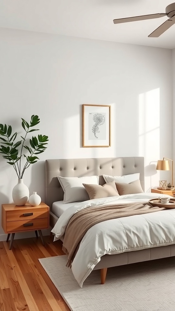 A cozy bedroom with a floating nightstand, showcasing a lamp and decorative items.