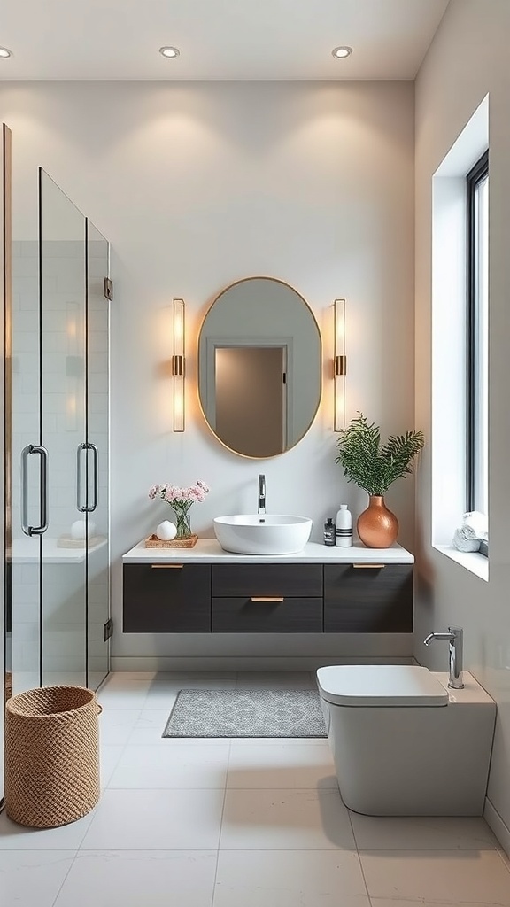 A modern small bathroom featuring a floating vanity, round mirror, and glass shower.