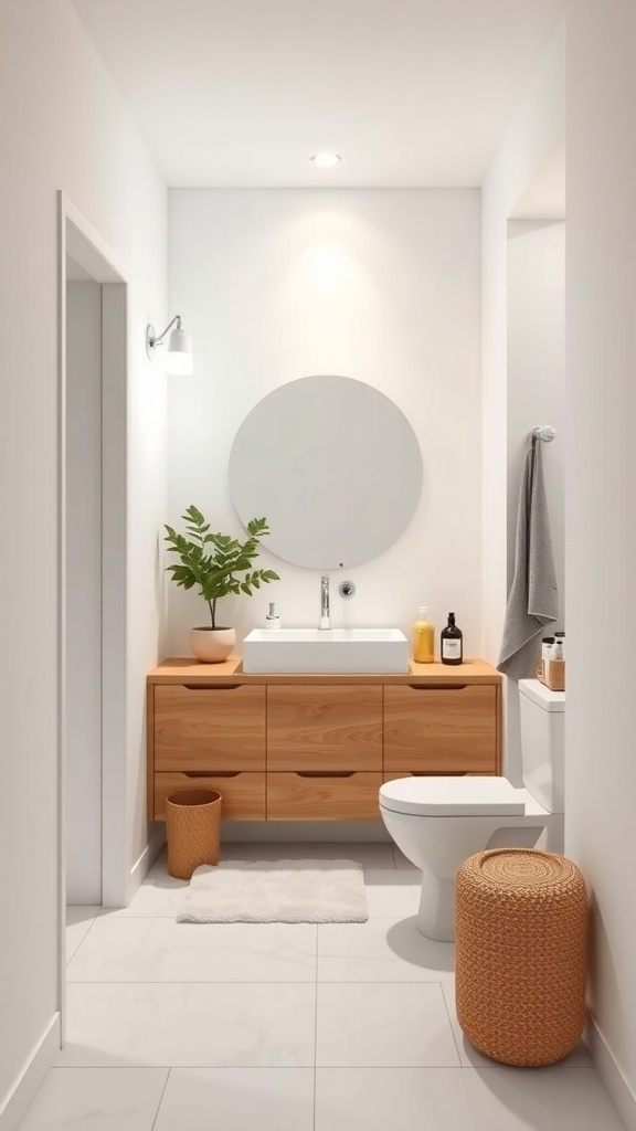A narrow bathroom featuring a floating wooden vanity, round mirror, and decorative elements.