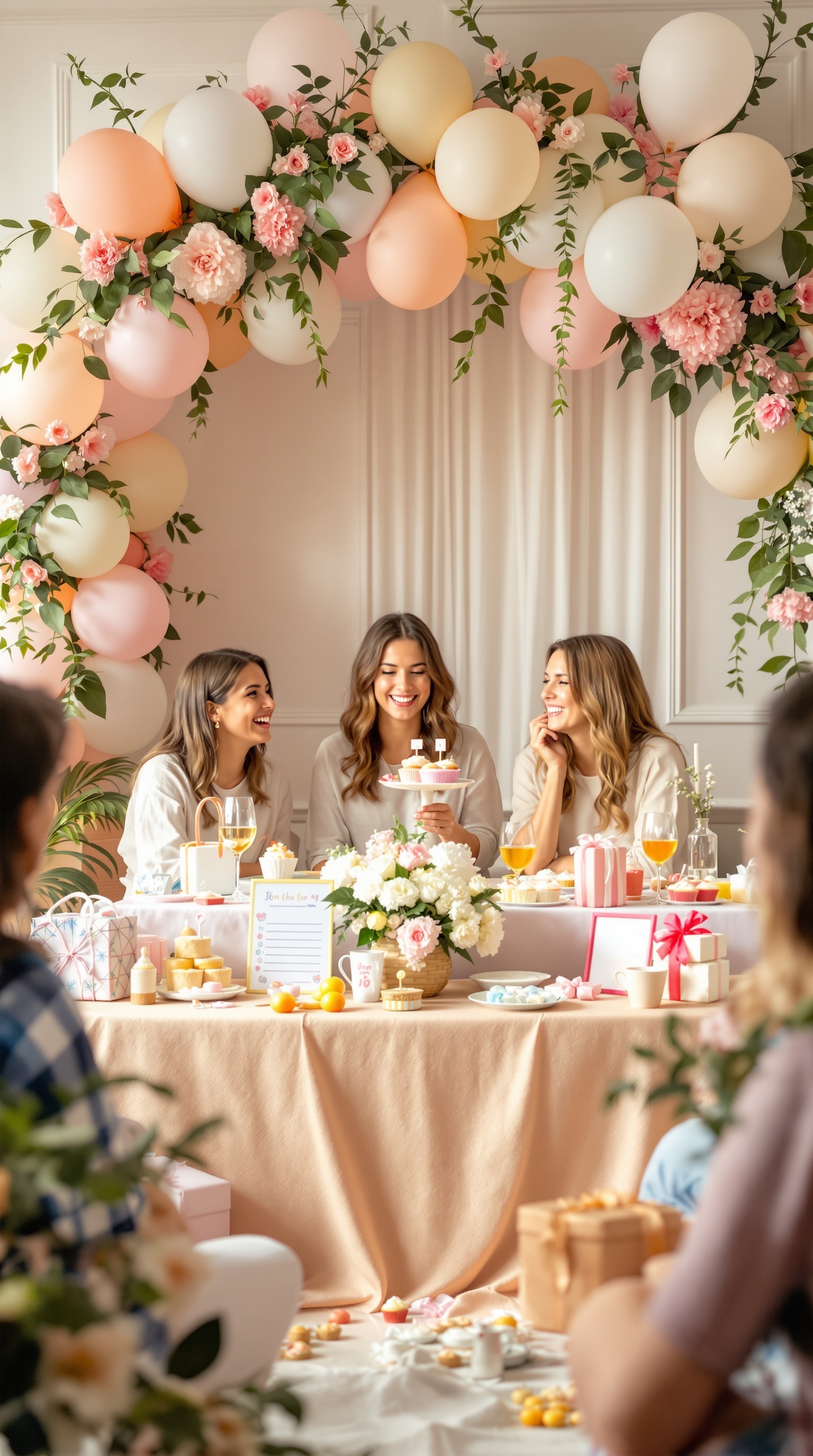 A pastel balloon arch adorned with flowers and greenery at a baby shower.