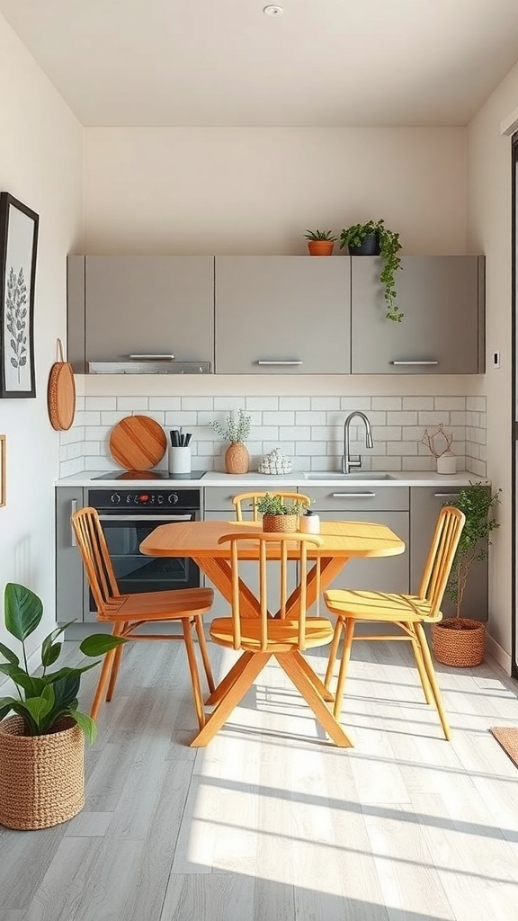 A small kitchen featuring a foldable wooden table and chairs, with plants and modern cabinetry.