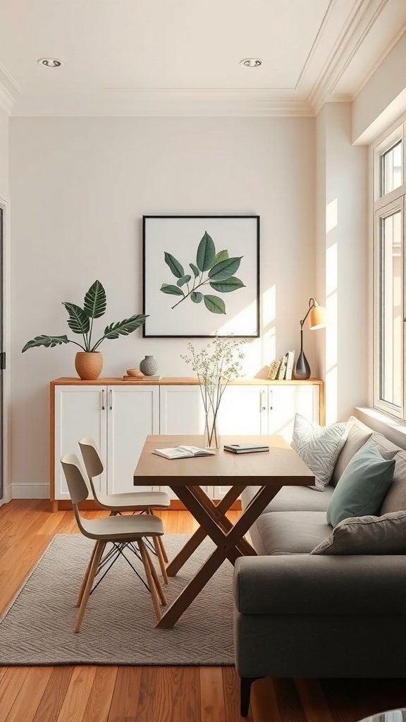 A small living room featuring a foldable table and chairs, with a cozy sofa and decorative plants.