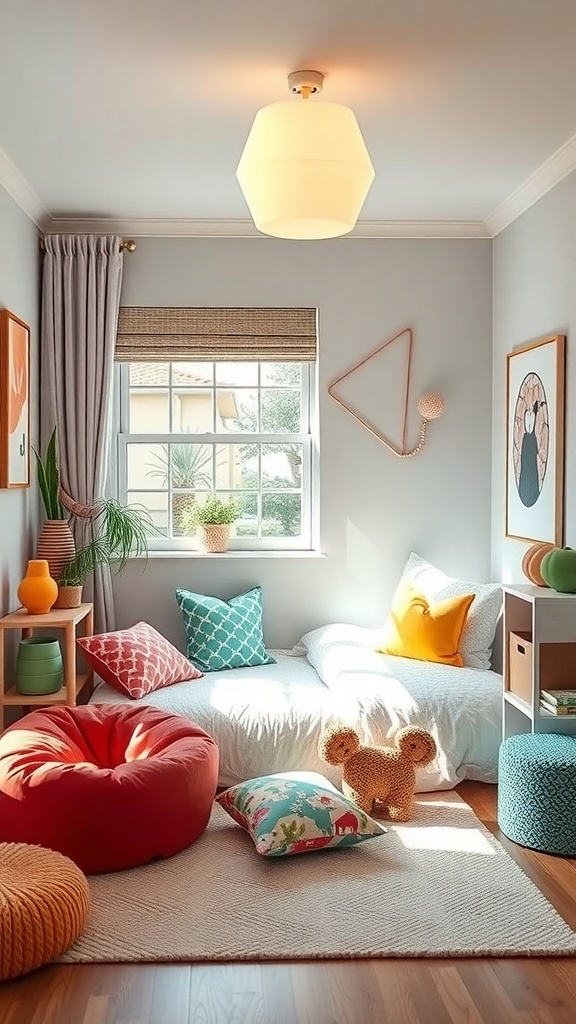 A small shared kids bedroom featuring colorful bean bags, pillows, and a cozy bed with playful decor.