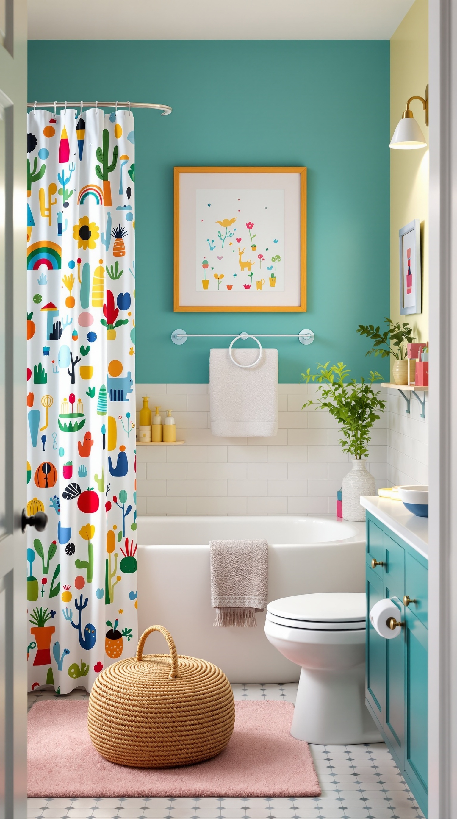 A colorful family bathroom with a vibrant shower curtain, teal walls, and playful decor.