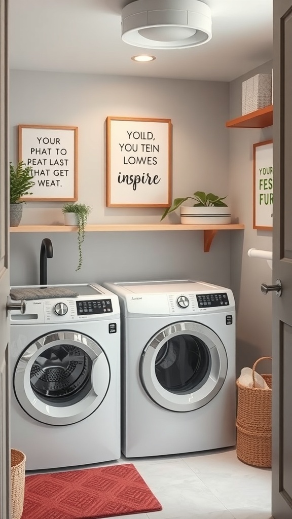 A small laundry room featuring two washing machines, framed wall art with inspirational quotes, and a shelf with plants.