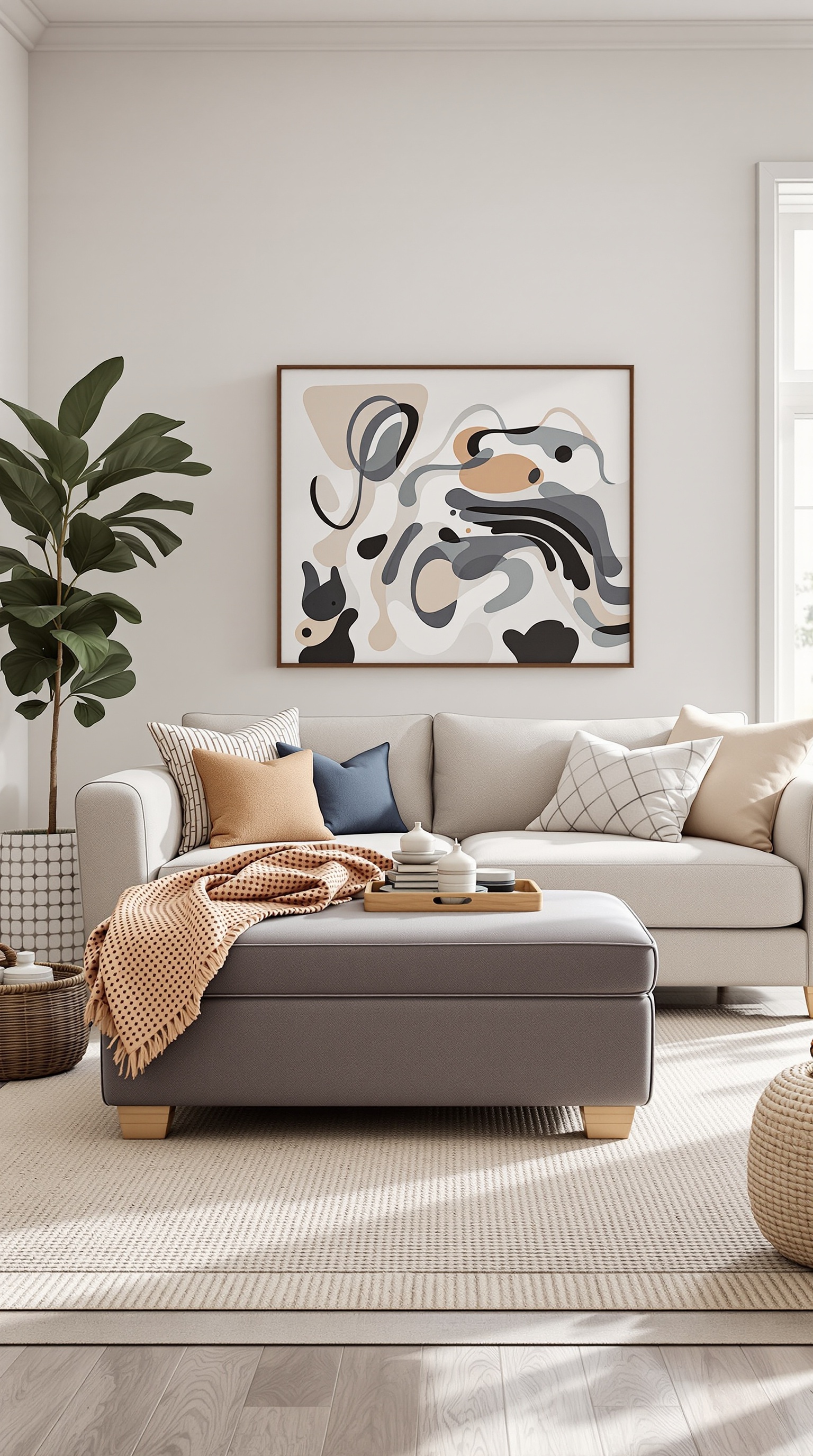 A cozy family room with a light sofa, decorative pillows, an ottoman, and a plant.