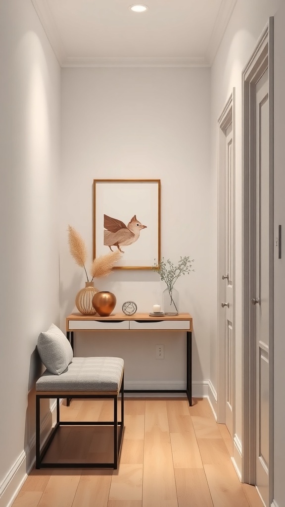 A narrow hallway featuring a bench and a console table with decorative items.