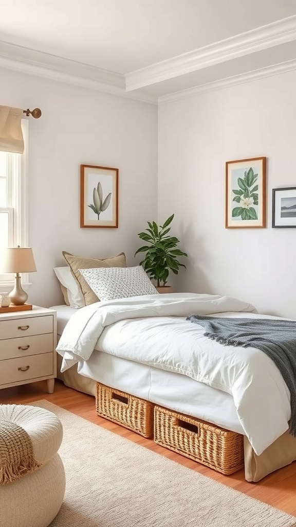 A simple bedroom featuring a bed with storage baskets underneath, a bedside table, and a round pouf.