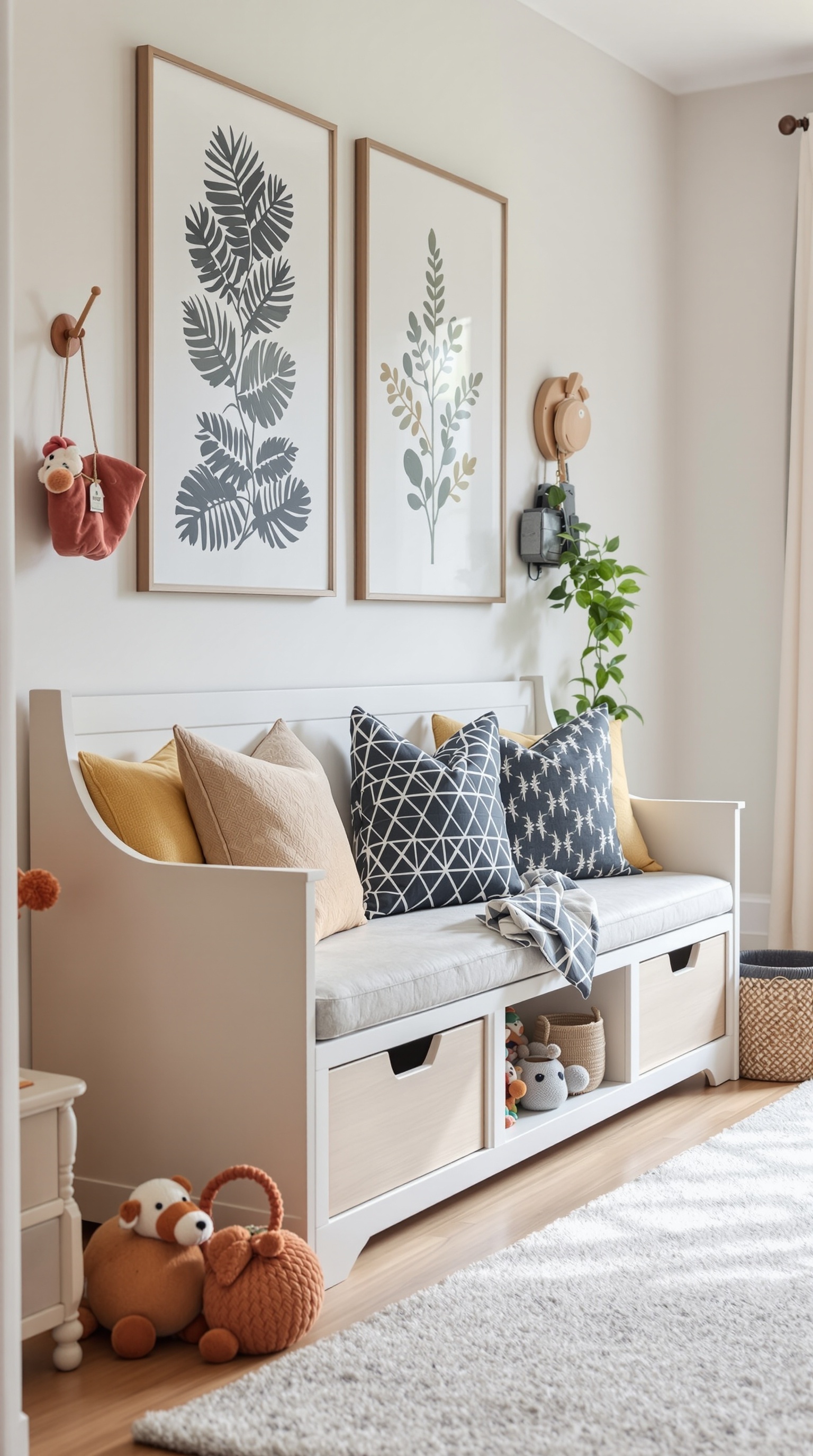 A cozy toy room with a bench that has built-in storage, decorated with botanical prints on the wall.
