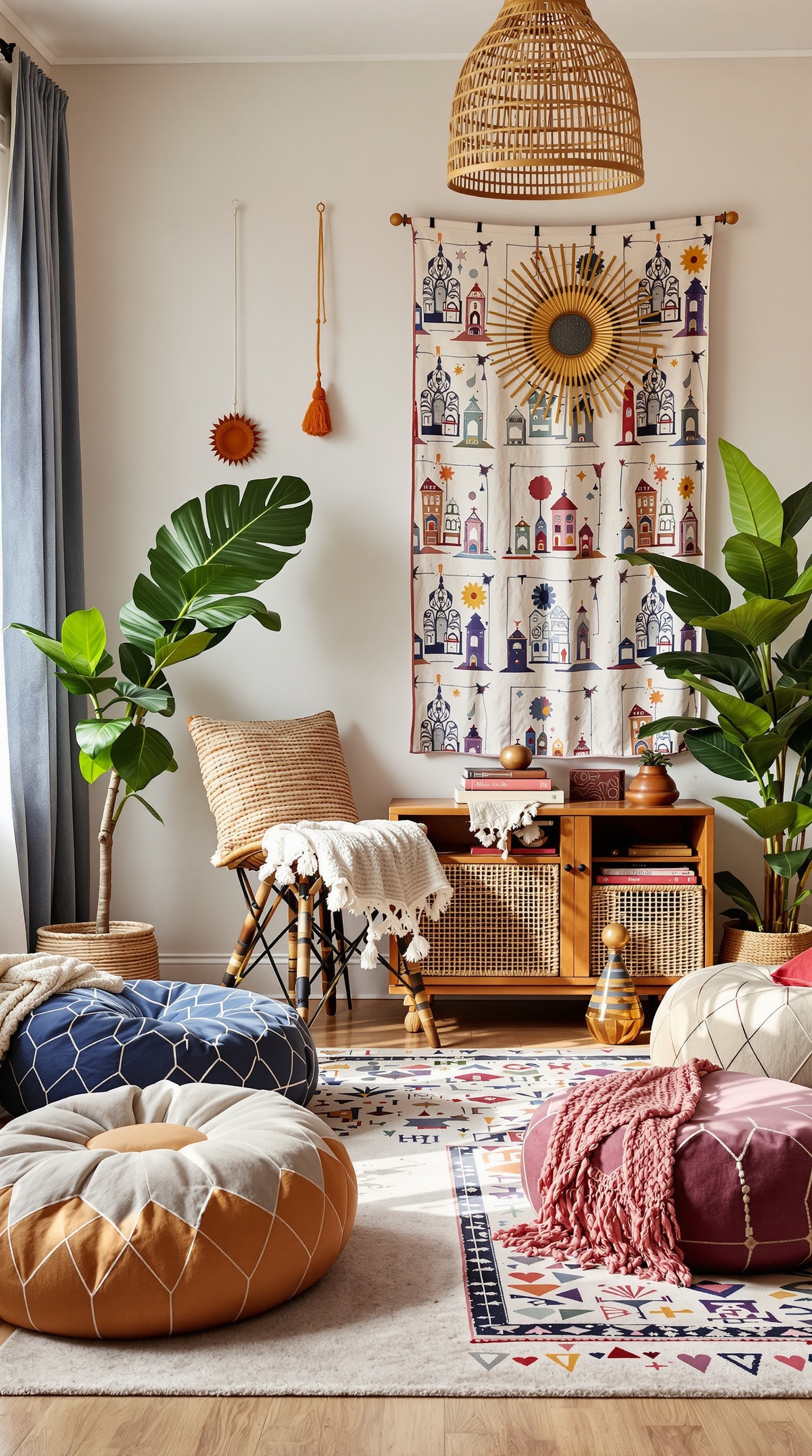 A boho kids room featuring colorful poufs, a vibrant wall hanging, and plants.
