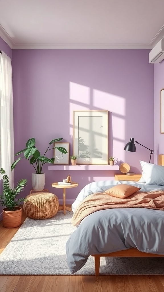 A lilac bedroom featuring plants, a cozy bed, and natural light.