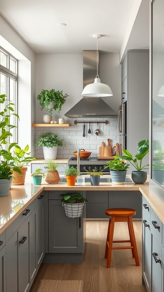 A galley kitchen featuring an island, adorned with various potted plants for a fresh and lively feel.