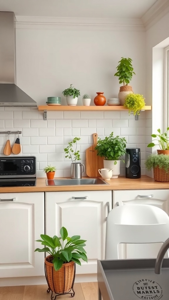 A cozy kitchen featuring various plants on shelves and countertops, creating a fresh and inviting atmosphere.