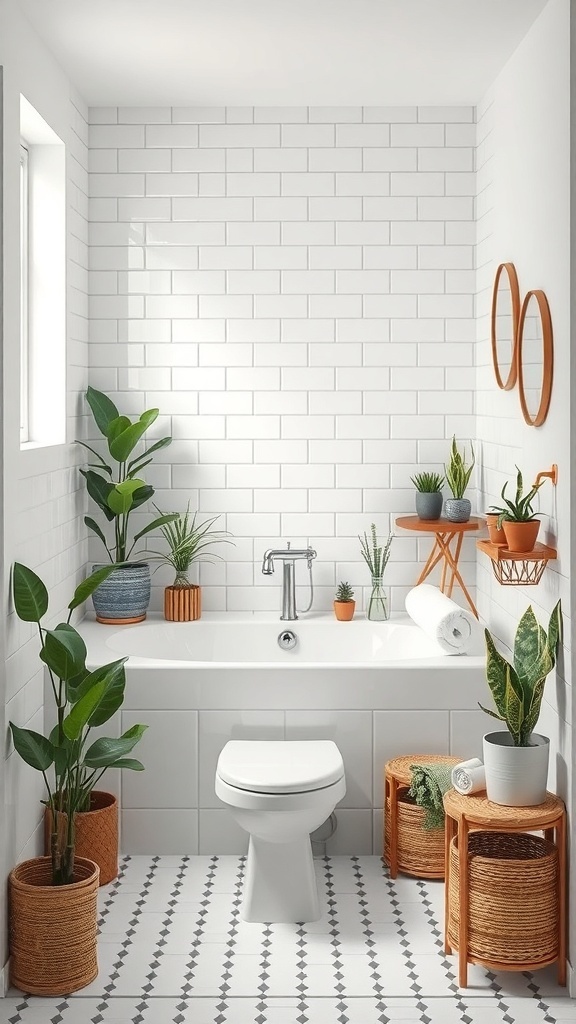 A minimalist small bathroom featuring plants in various pots, white tiles, and a clean design.