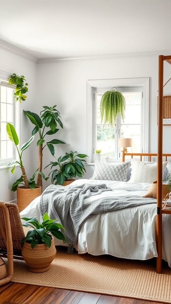 A cozy cottage bedroom featuring plants, a bed with white linens, and natural decor.