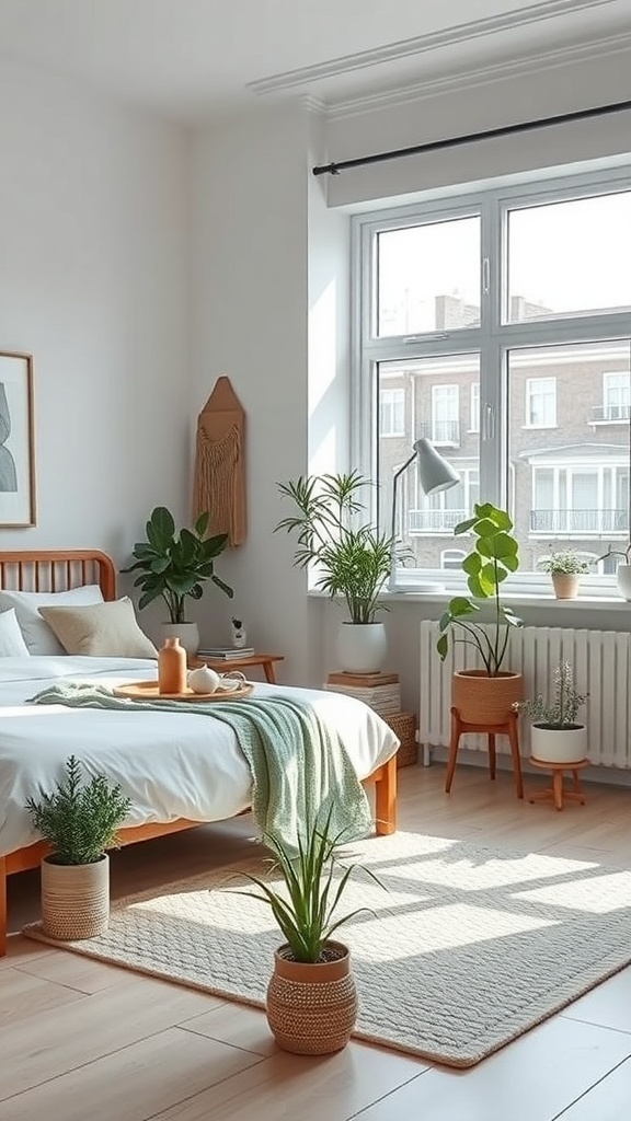 A minimalist bedroom featuring a bed, plants in pots, and natural light coming through the window.