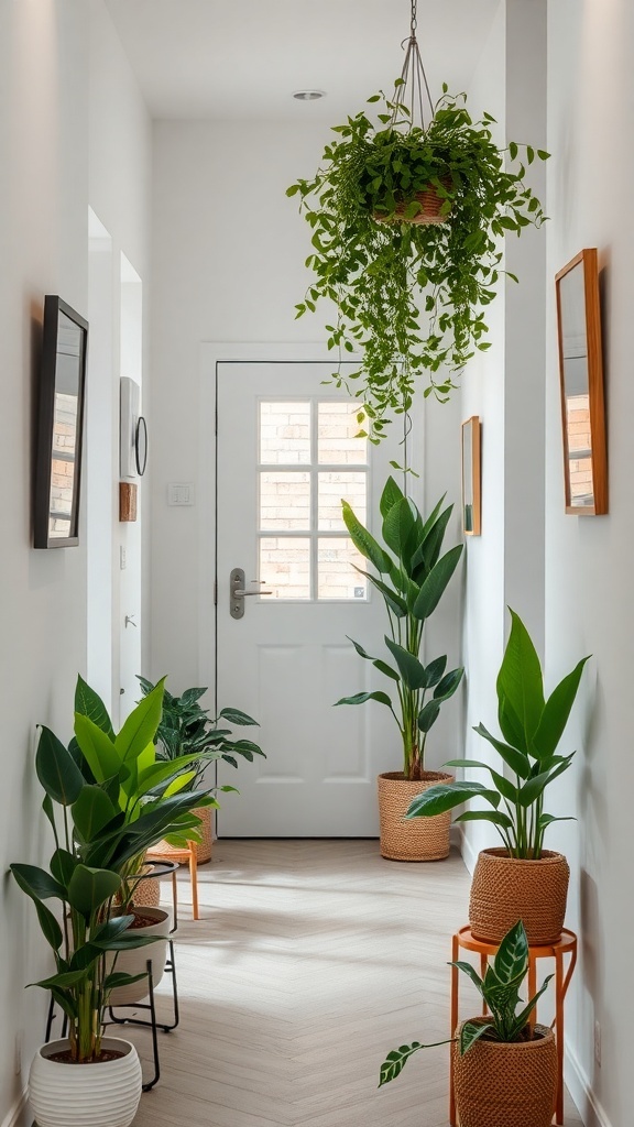 A small hallway with hanging and potted plants, creating a fresh and inviting atmosphere.
