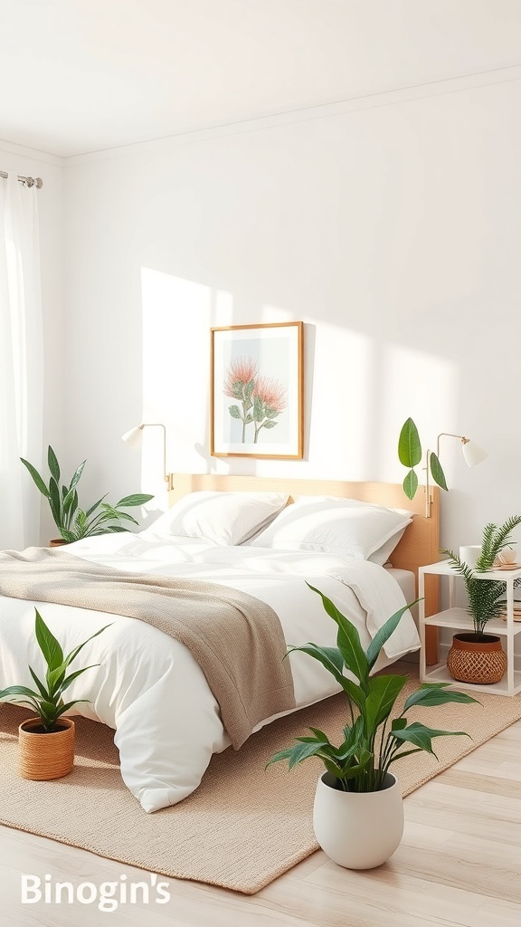 A neutral bedroom featuring plants, a cozy bed, and soft lighting.