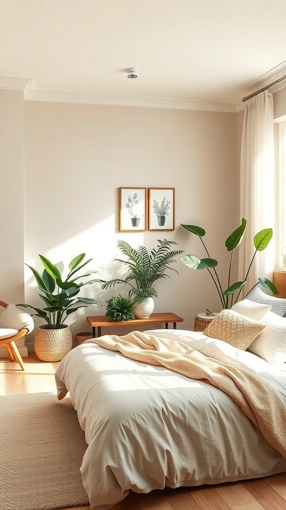 A cozy beige bedroom with various plants, showcasing a warm and inviting atmosphere.