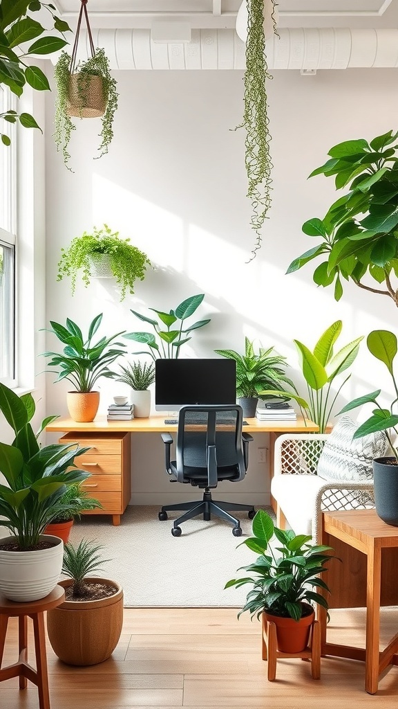 A small office space filled with various plants, featuring a desk with a computer and a cozy atmosphere.