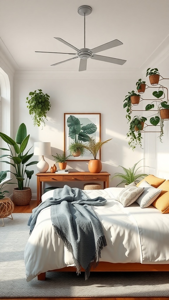 A beautifully decorated king bedroom featuring greenery, a cozy bed, and warm wooden furniture.