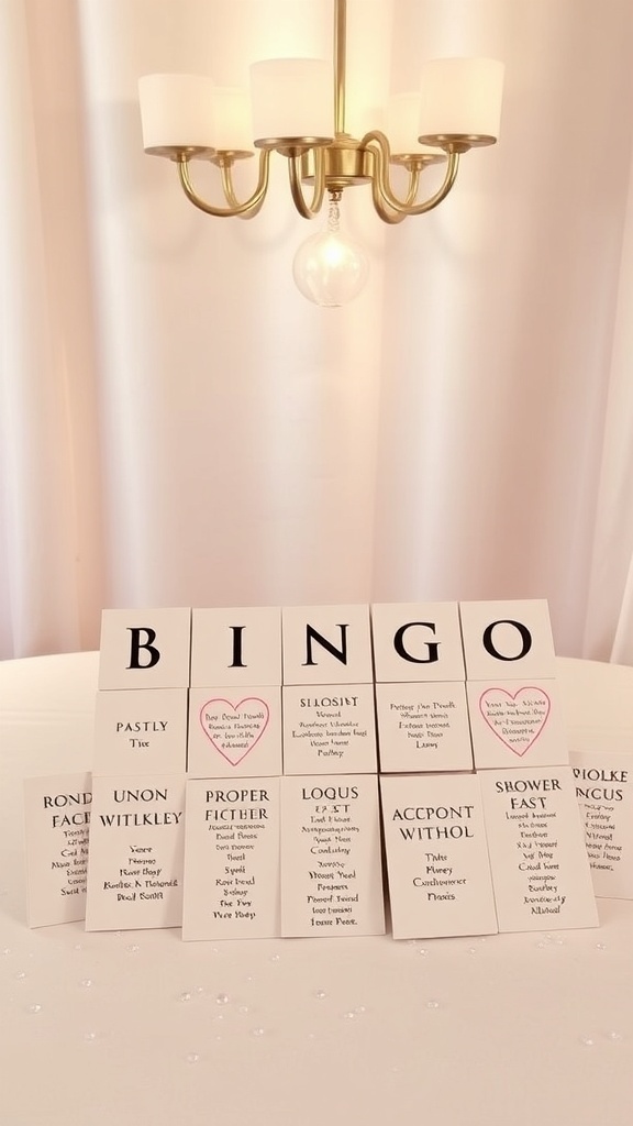 A bridal shower bingo setup featuring custom terms on cards.