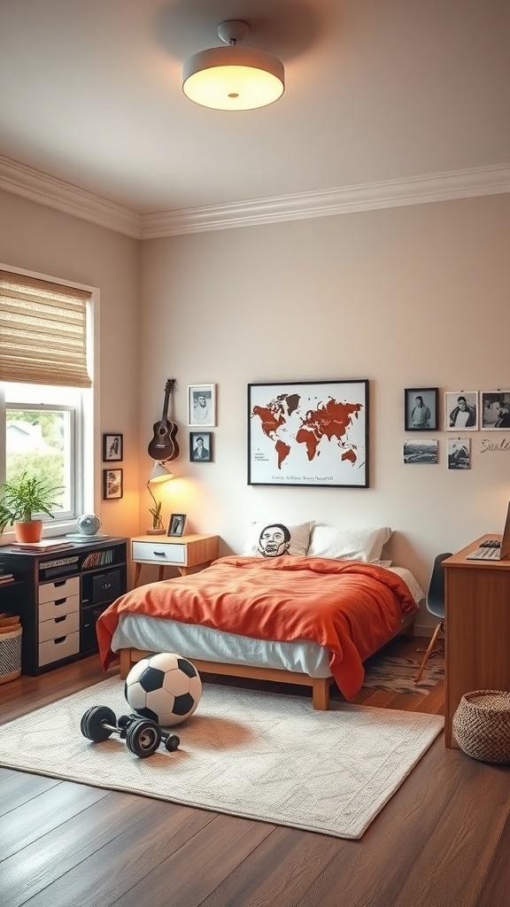 A cozy teen bedroom featuring a guitar, soccer ball, and a world map, reflecting personal hobbies.
