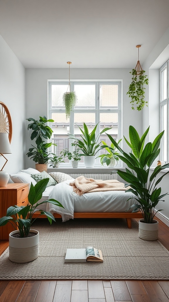 A modern bedroom with various indoor plants, featuring a cozy bed, wooden furniture, and natural light.