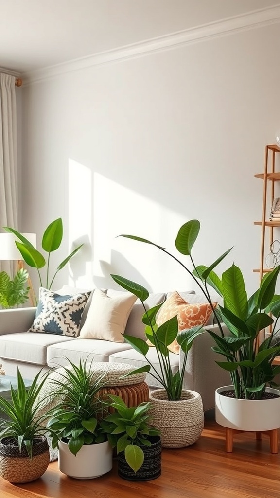 A cozy living room with various indoor plants in decorative pots, showcasing a comfortable sofa and bright sunlight.