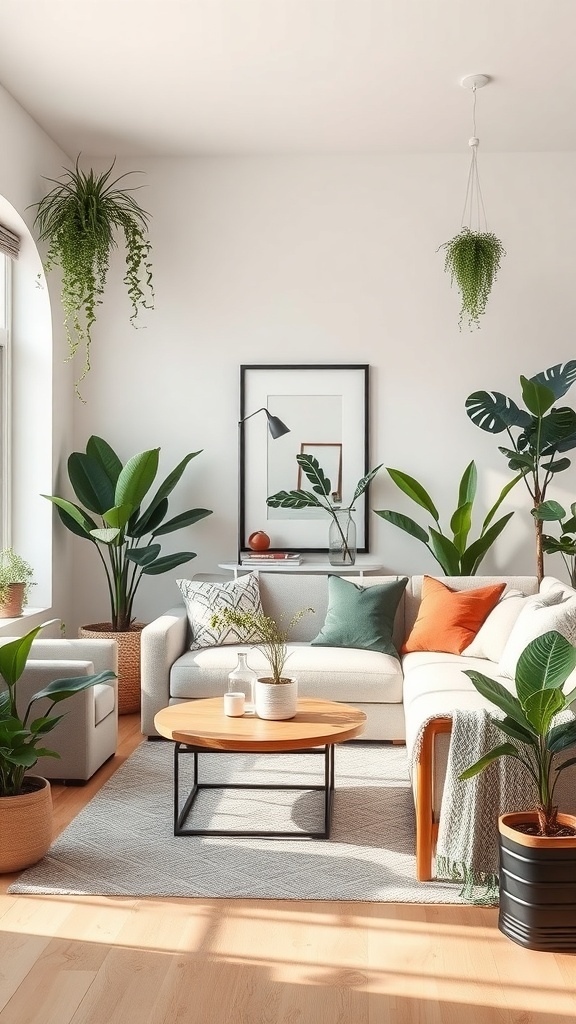 A cozy contemporary living room featuring various indoor plants, a light-colored sofa, and a wooden coffee table.