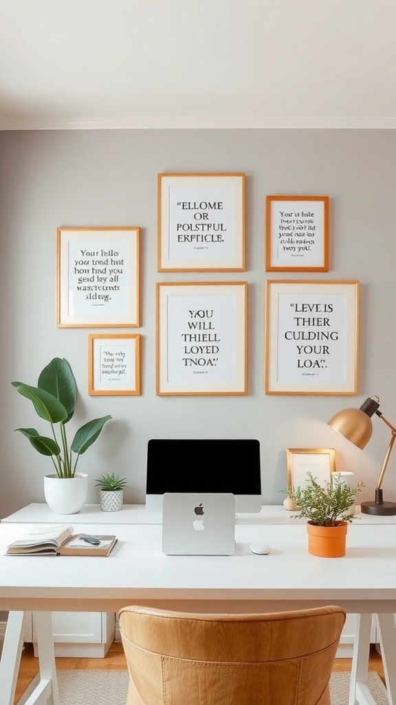 A cozy home office featuring framed inspirational quotes on the wall, a desk with a computer, plants, and a warm chair.