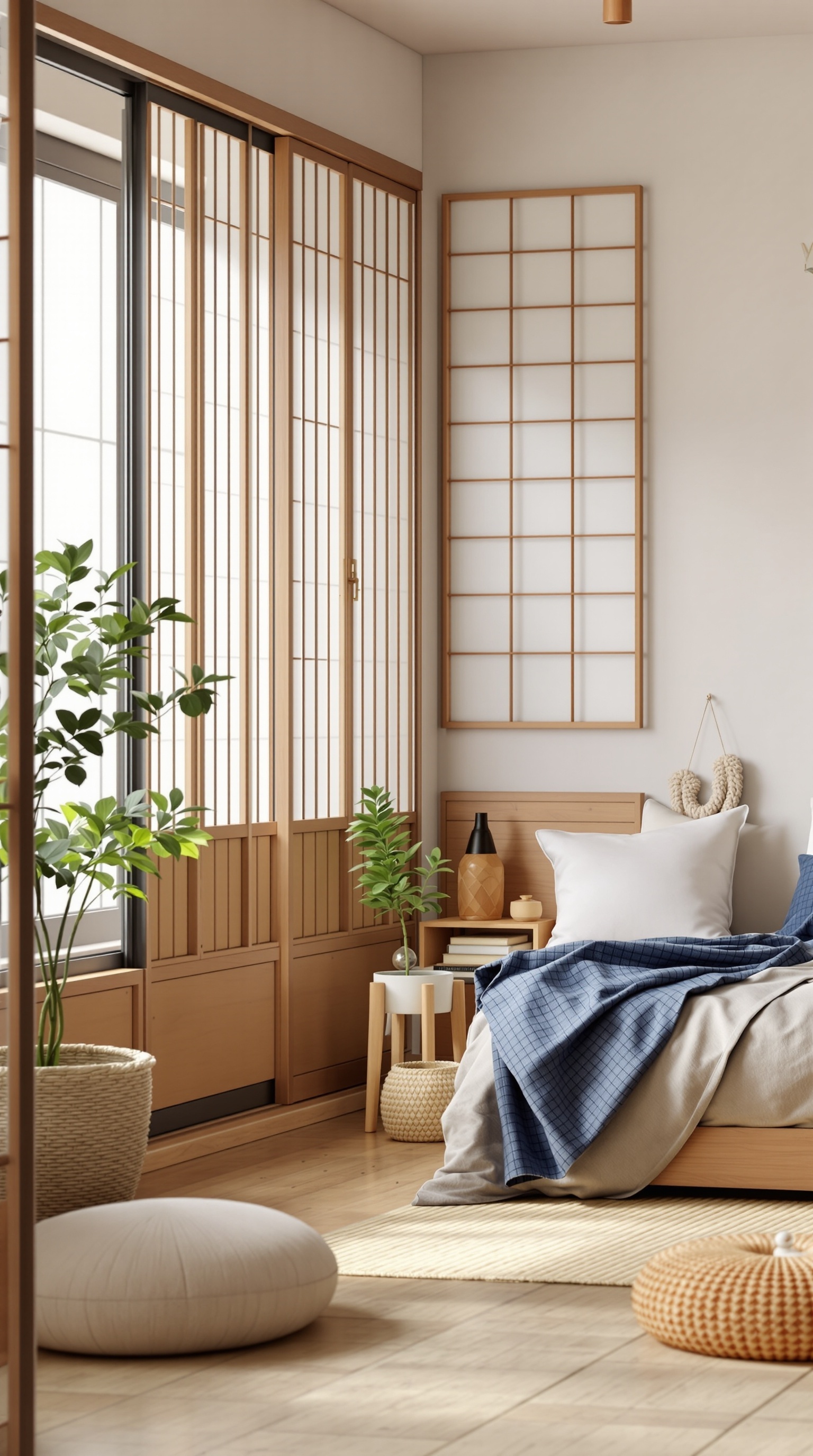 A serene Japandi kids' room featuring wooden furniture, shoji screens, and plants.