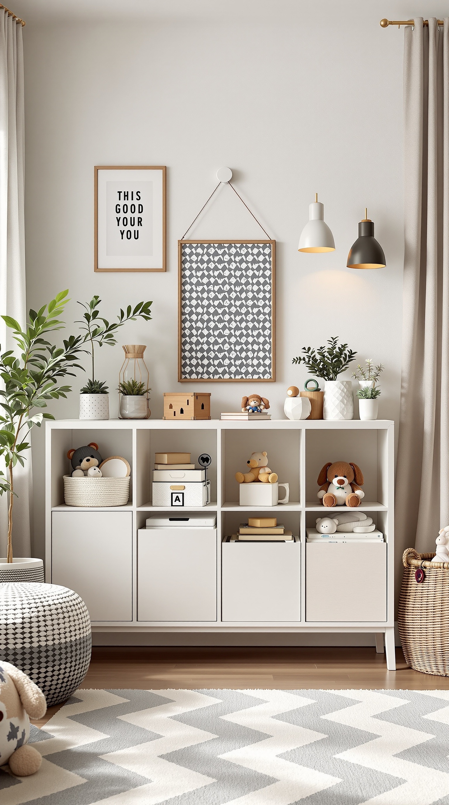 A stylish Kallax toy storage unit in a playroom, featuring toys, plants, and decorative items.