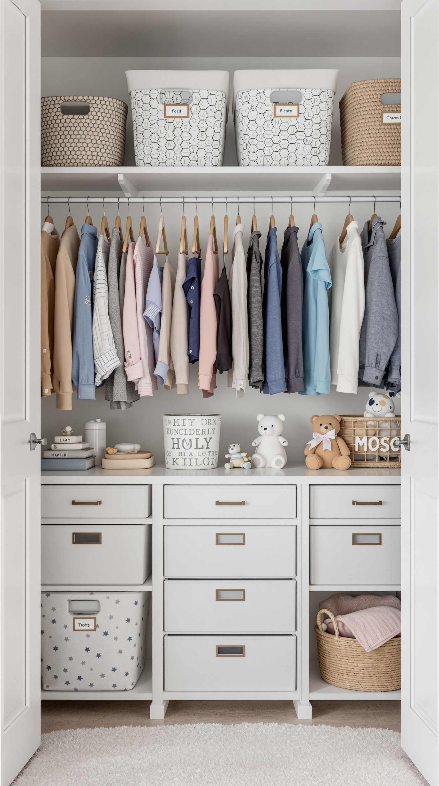 A toddler closet featuring organized clothes on hangers and labeled storage bins.