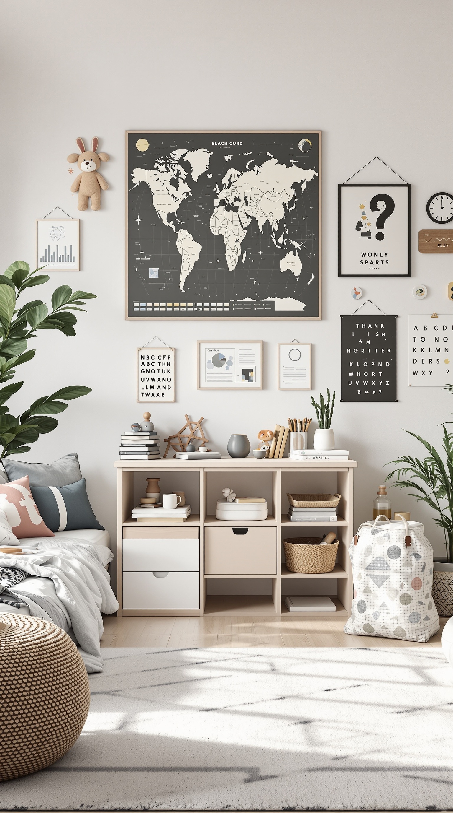 A cozy kids room with educational decor, including a world map, letters, numbers, and plants.