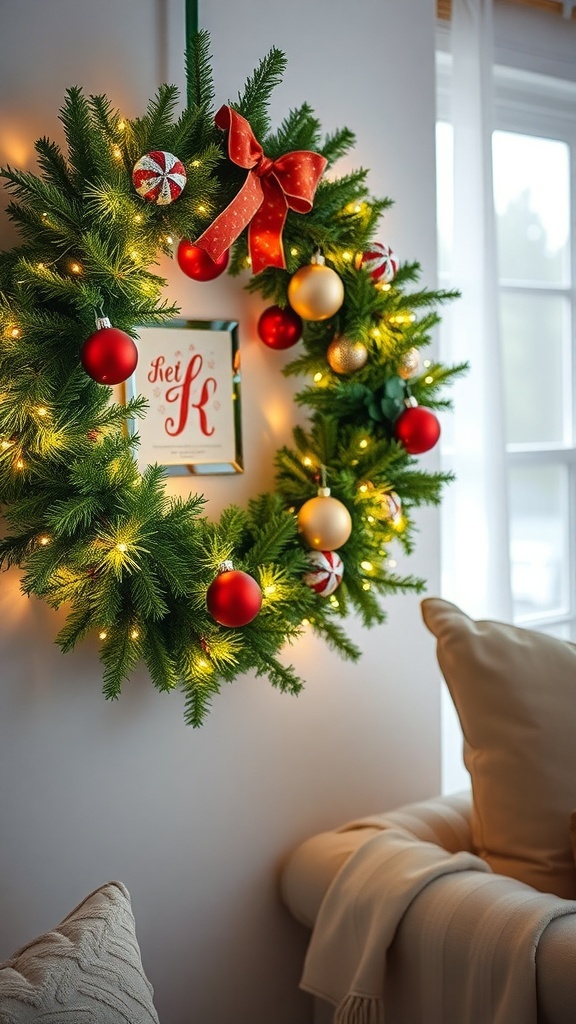 A beautifully decorated ornament wreath with LED lights, featuring red and gold ornaments and a festive bow.