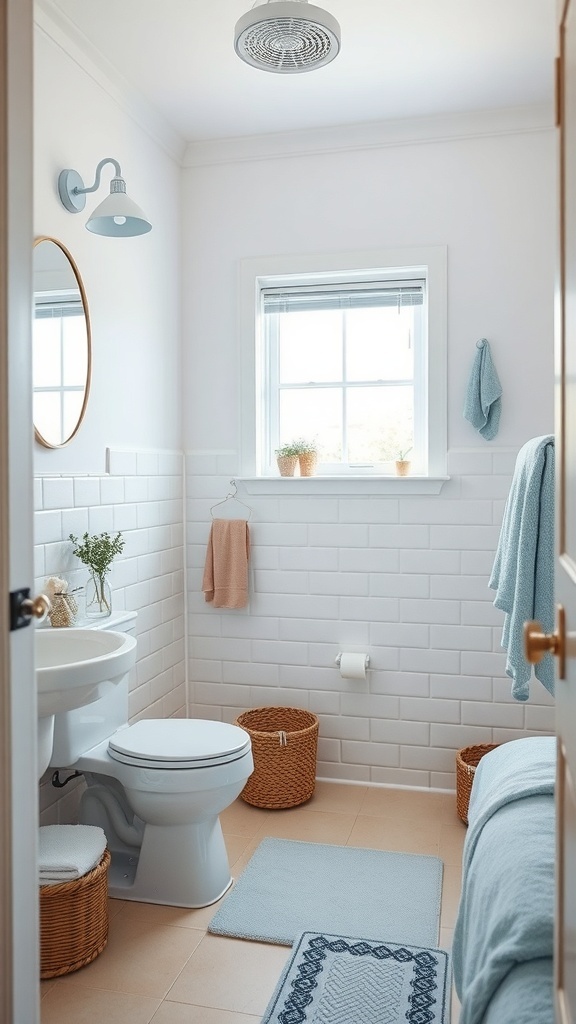 A light blue themed bathroom with white tiles and woven baskets.
