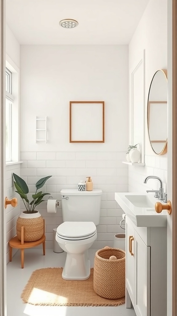 A small, bright bathroom featuring white walls, light wood accents, and plants for a fresh look.