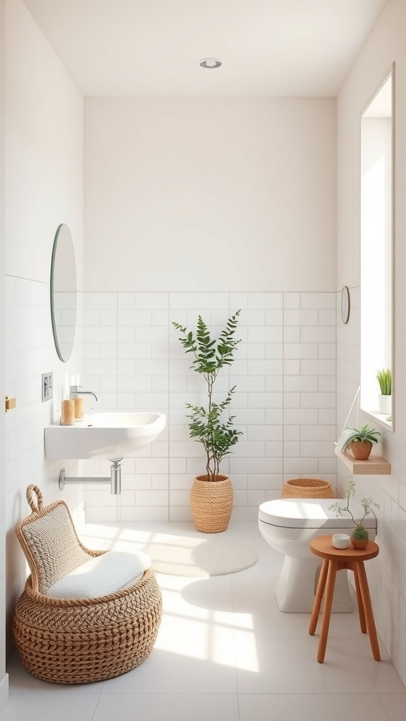 A small bathroom featuring light colors, a plant, and natural materials for an open feel.