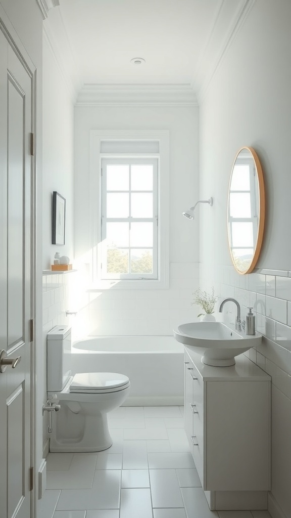 A narrow bathroom with light colors, featuring a window, a round mirror, and a small plant.