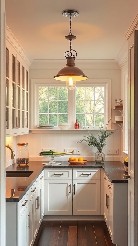 A well-lit butler's pantry with a pendant light, large windows, and a countertop displaying fruits and plants.