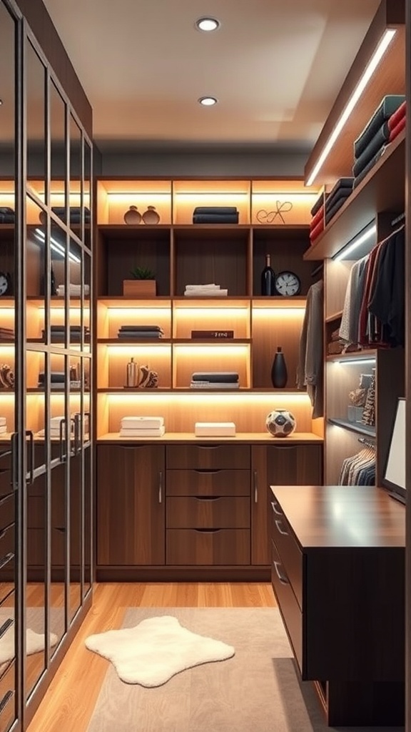 A small walk-in closet with warm lighting, showcasing neatly arranged clothes and decorative items.