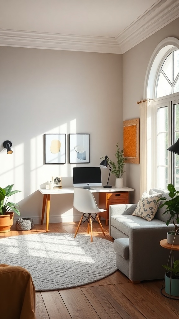A well-lit home office with a desk, computer, and plants, showcasing natural light and a cozy atmosphere.