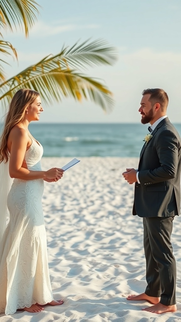 A happy couple exchanging vows on a sandy beach with waves in the background.