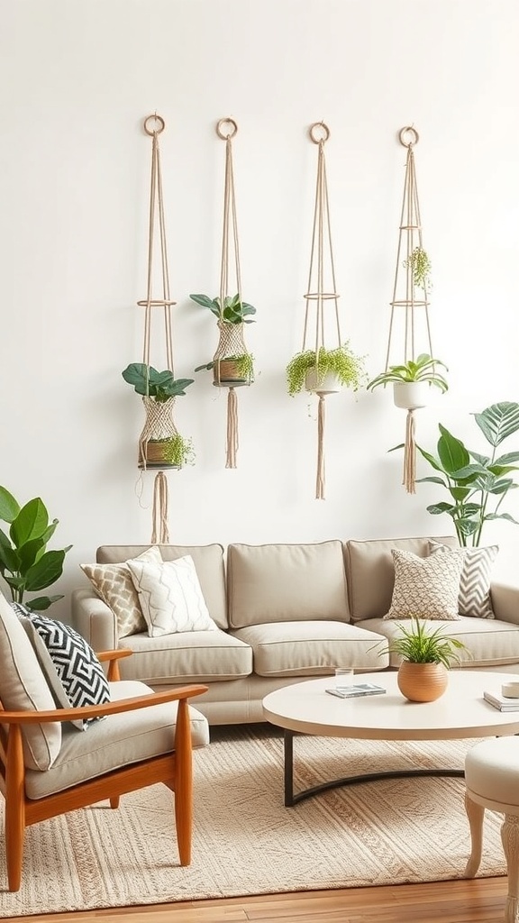 Cozy boho living room with macramé plant hangers and neutral decor