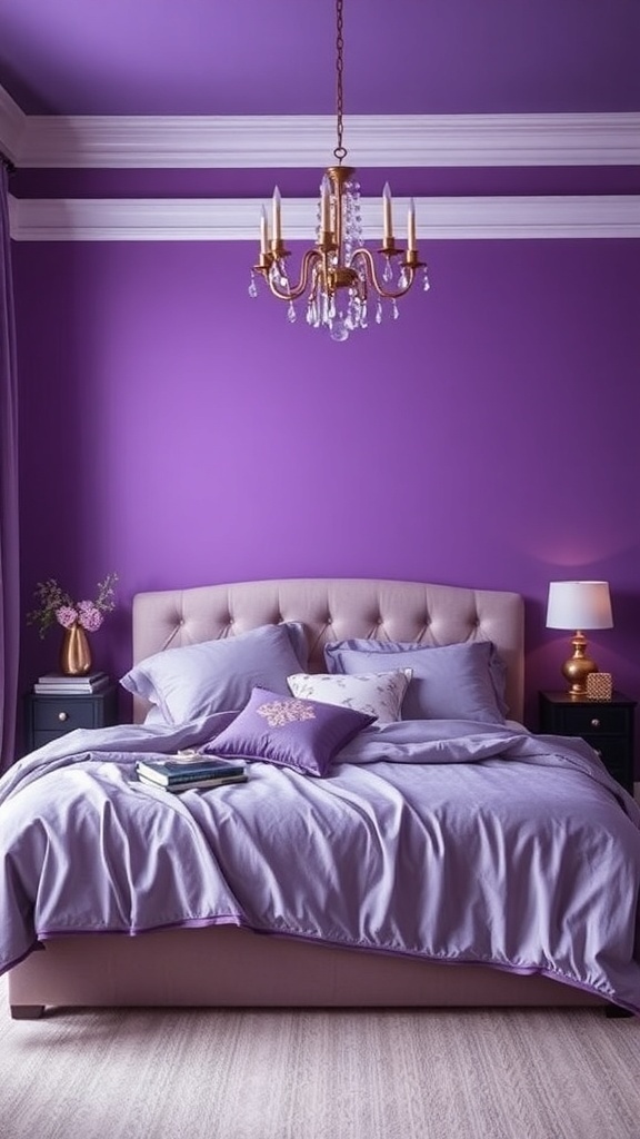 A romantic purple bedroom featuring a chandelier and metallic accents.