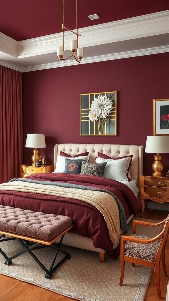 A burgundy bedroom featuring metallic accents, including gold lamps and decorative elements.
