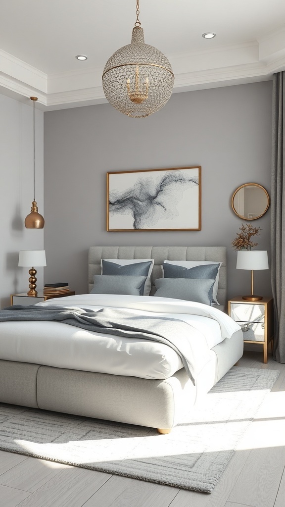 A stylish grey and white bedroom with metallic accents, featuring a chandelier, bedside lamps, and modern artwork.